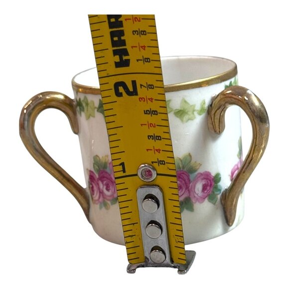 Vintage Double Handle Floral Porcelain Cup Roses Gold Trim Three Handle Tyg Mug - Picture 5 of 7